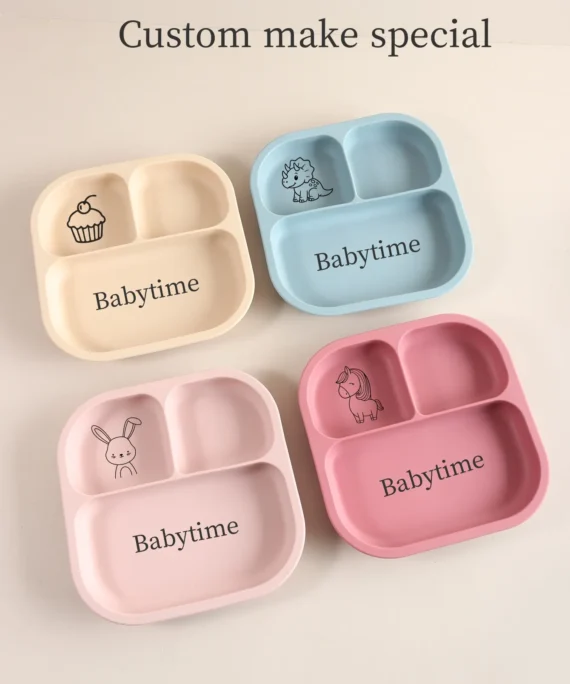Spill-Proof 3-Section Suction Plate | Custom Name & Fun Cartoon Designs for Toddlers baby silicone square plate